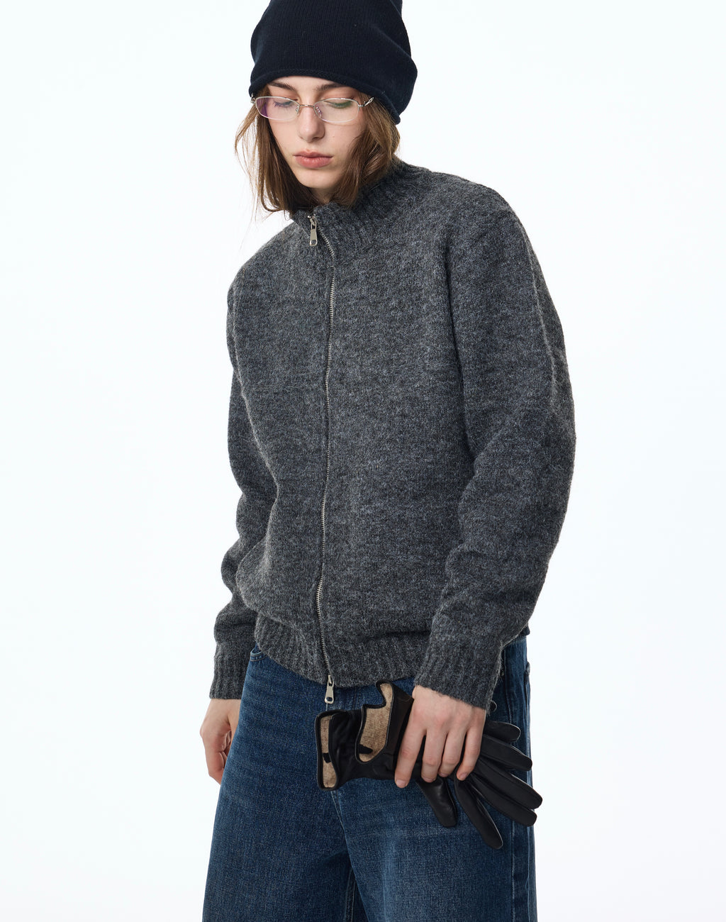 High‑Collar Dual‑Zipper Knit Cardigan