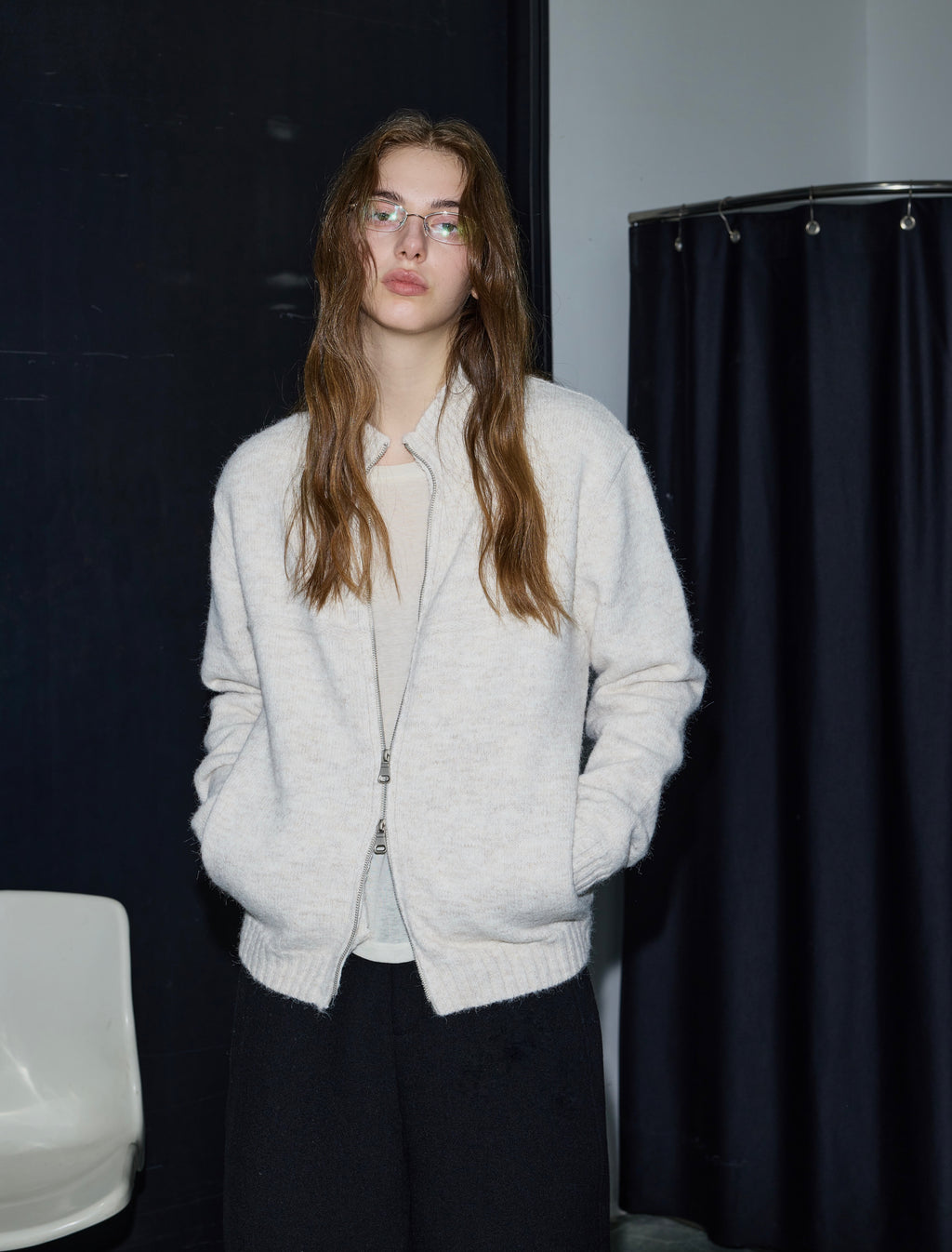 High‑Collar Dual‑Zipper Knit Cardigan