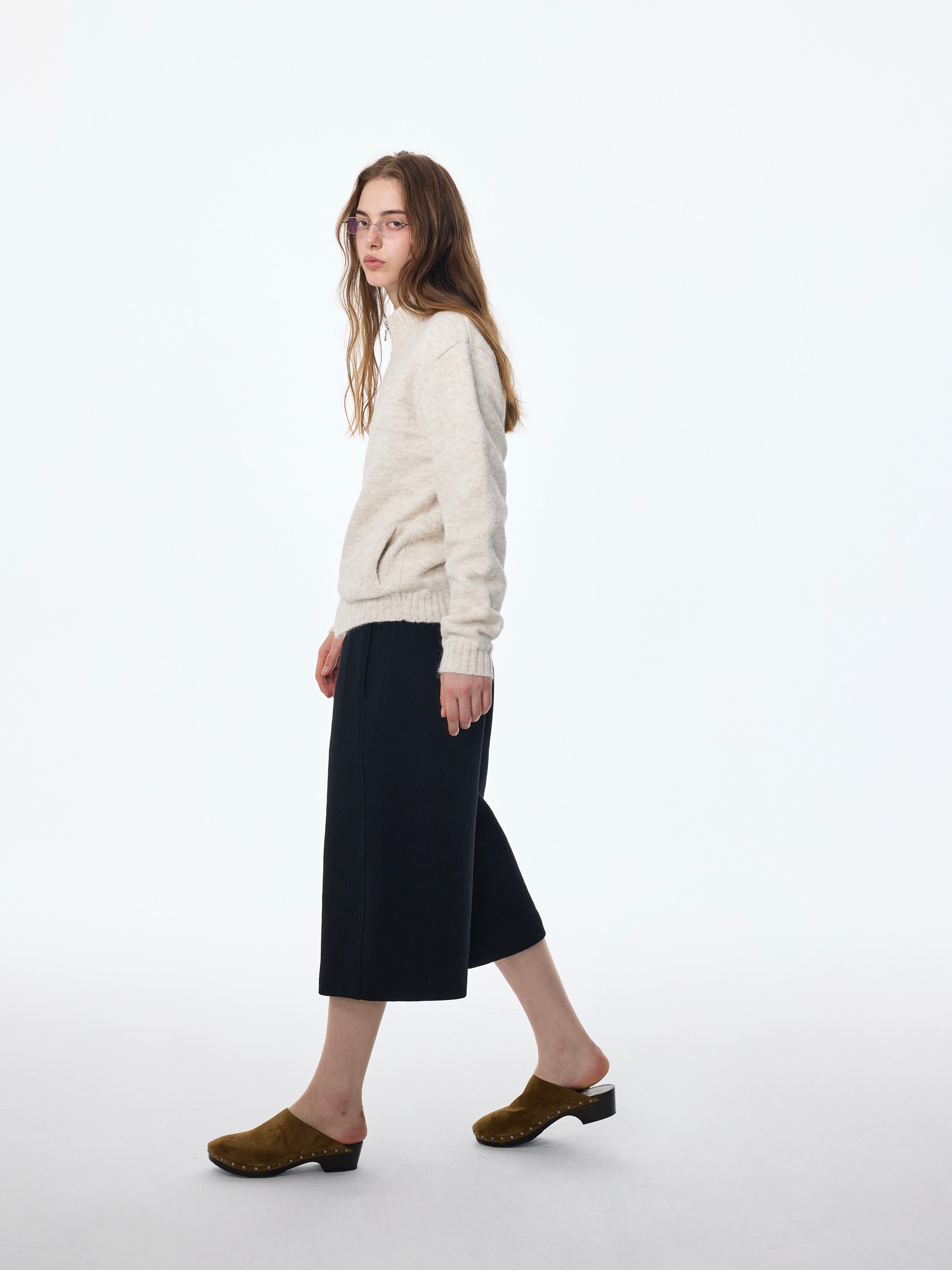 High‑Collar Dual‑Zipper Knit Cardigan